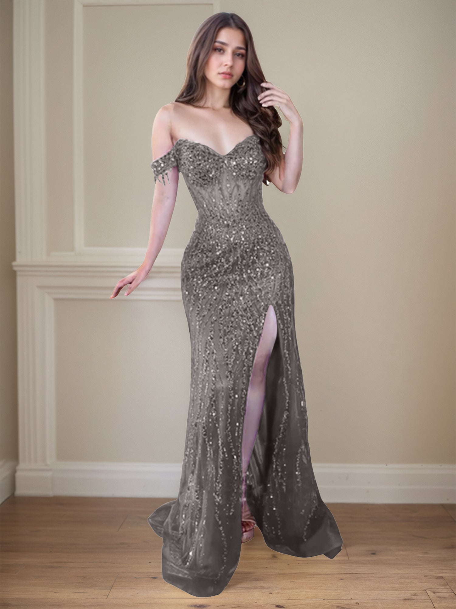 Red Off-the-Shoulder Beaded Tulle Long Prom Dress with Swirling Sequins