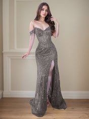 Red Off-the-Shoulder Beaded Tulle Long Prom Dress with Swirling Sequins