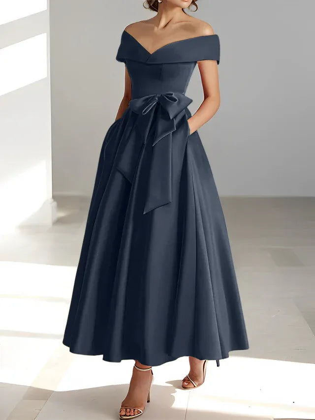 Princess Off-the-Shoulder Sleeveless Ankle-Length Mother of the Bride Dresses with Pockets