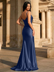 Sky Blue Satin Corset Long Prom Dress with Draped Neckline
