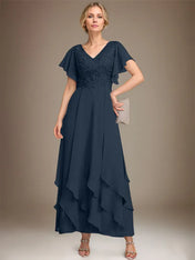 A-line V-Neck Ankle-Length Lace Chiffon Mother of the Bride Dress With Cascading Ruffles