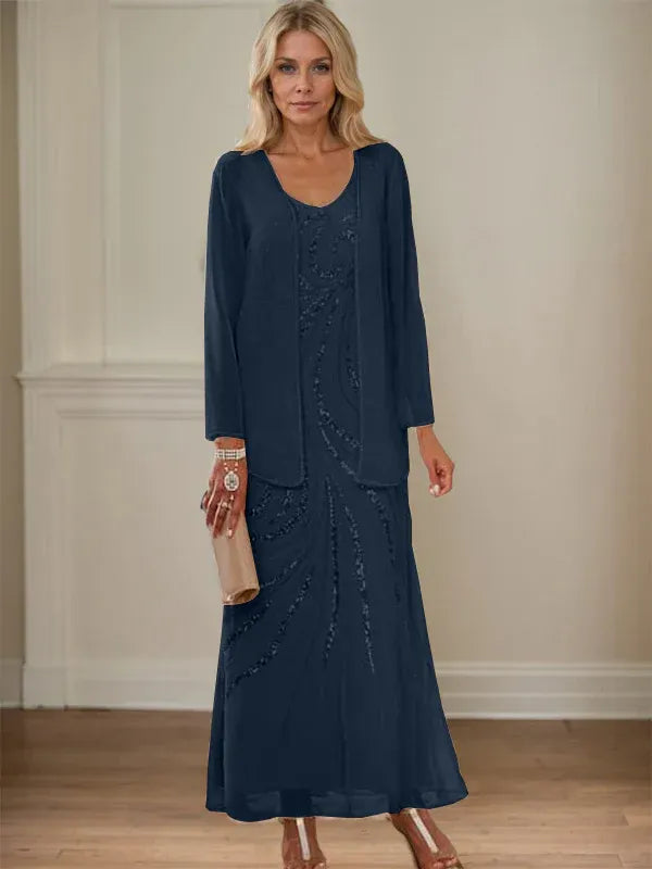 Robe de mère de la mariée fourreau/colonne, col en V, longueur cheville, avec veste et paillettes 