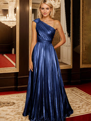 Golden A Line One Shoulder A Line Pleated Metallic Long Formal Dress