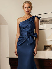 Dark Navy Sheath/Column One-Shoulder Satin Mother Of The Bride Dress With Bows