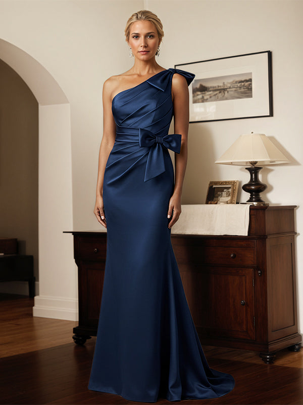 Dark Navy Sheath/Column One-Shoulder Satin Mother Of The Bride Dress With Bows