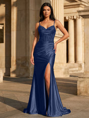Sky Blue Satin Corset Long Prom Dress with Draped Neckline