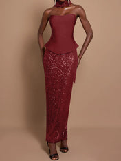 Off-Shoulder Bandage Top & Sequin Midi Skirt Set