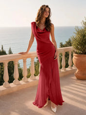 One-Shoulder Draped Chiffon Floor-Length Evening Dresses with Long Cape Sash