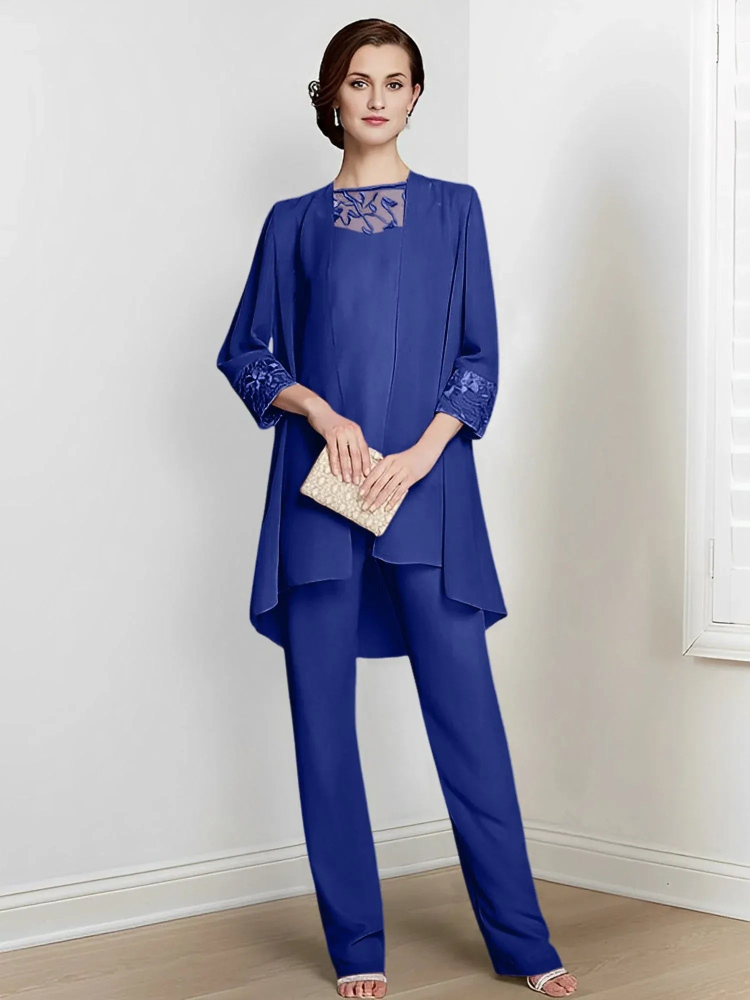 Tailleur-pantalon en mousseline à manches longues pour mère de la mariée avec veste 