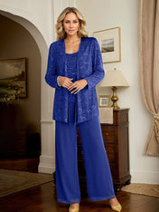 Dark Royal Blue Chiffon Mother of the Bride Pantsuits with Jacket & Sequins