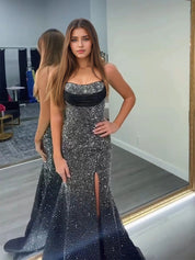 Dazzling Crystal Strapless Neckline Long Prom Dress with Slit