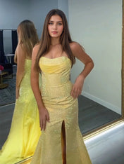 Dazzling Crystal Strapless Neckline Long Prom Dress with Slit