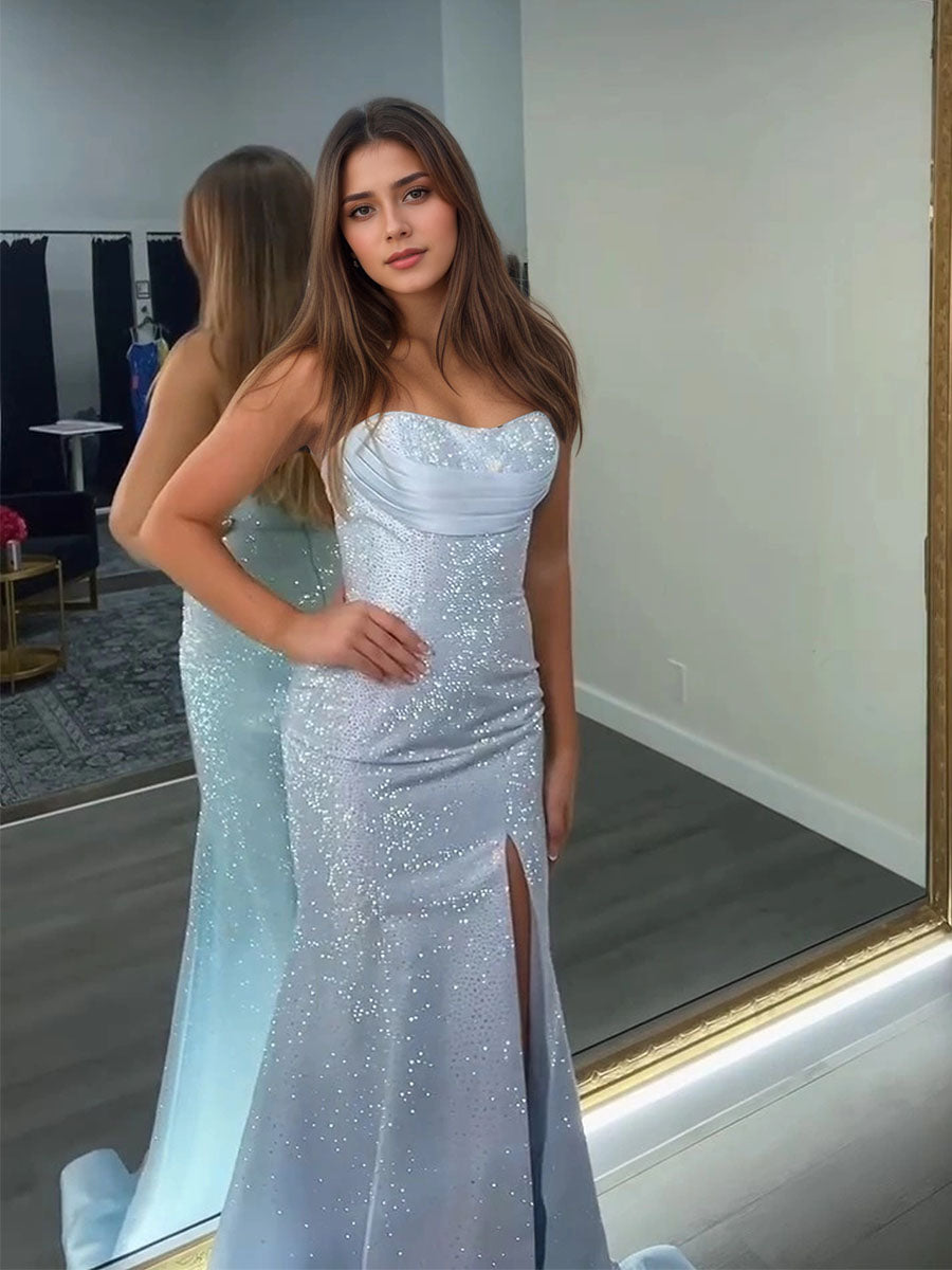 Dazzling Crystal Strapless Neckline Long Prom Dress with Slit