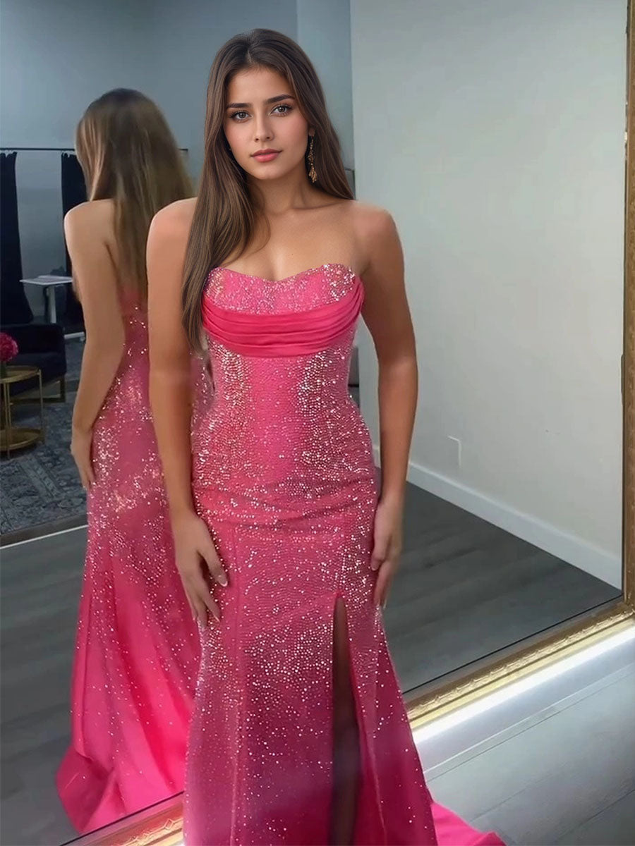 Dazzling Crystal Strapless Neckline Long Prom Dress with Slit