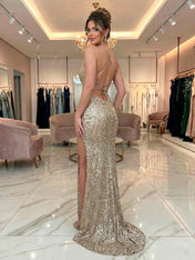 Dazzling Gold Sequin V-Neck Prom Dress with Illusion Cutout