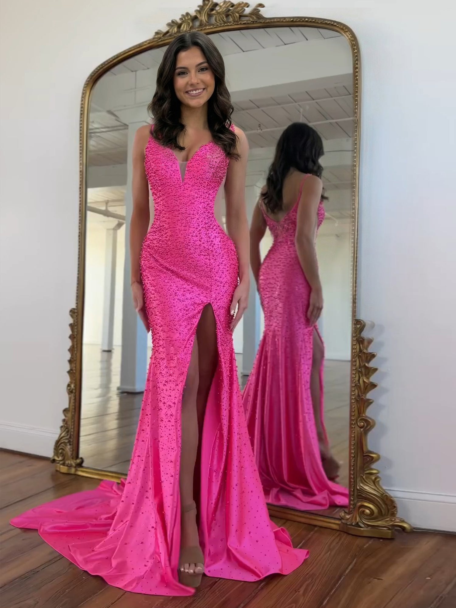 Dazzling Hot Pink Sequin V-Neck Cutout Prom Dresses with Slit
