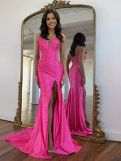 Dazzling Hot Pink Sequin V-Neck Cutout Prom Dresses with Slit
