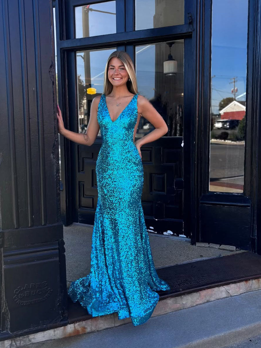 Dazzling Plunging V-Neck Sequin Mermaid Prom Dress
