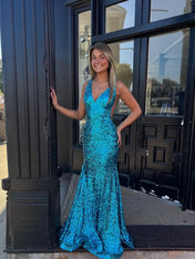 Dazzling Plunging V-Neck Sequin Mermaid Prom Dress