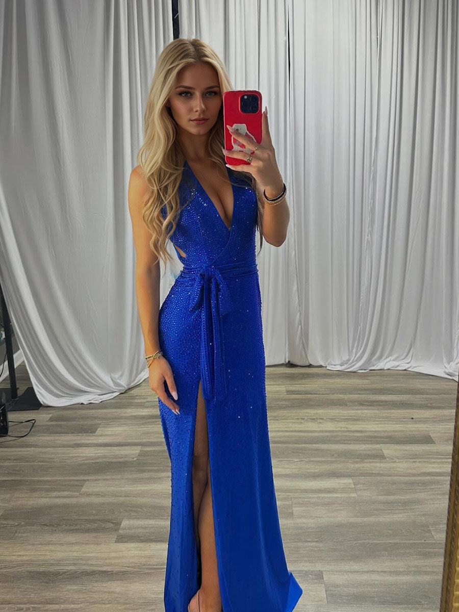Dazzling Royal Blue Sparkle V-Neck Wrap Prom Dress
