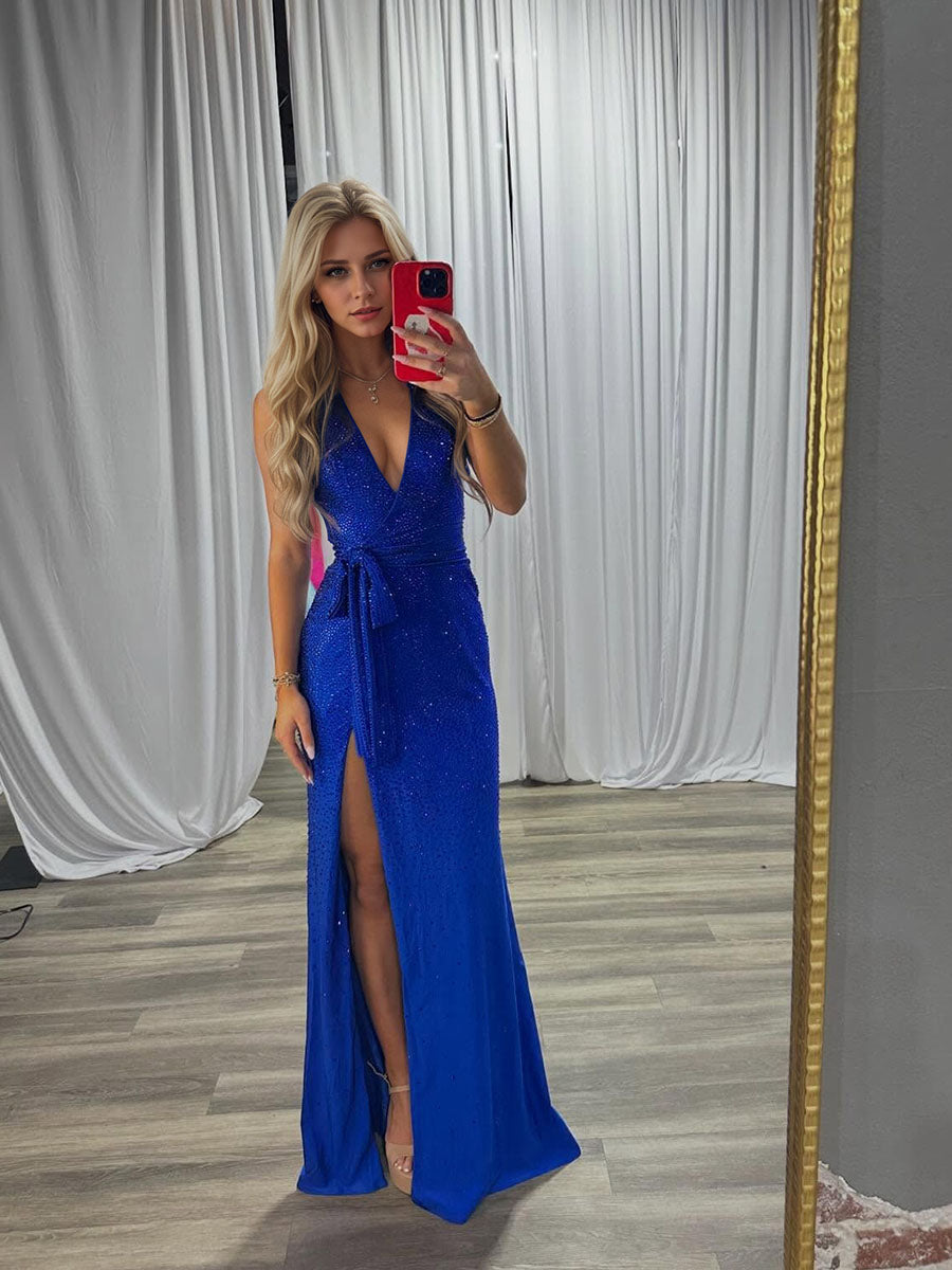 Dazzling Royal Blue Sparkle V-Neck Wrap Prom Dress