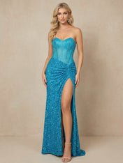 Dazzling Turquoise Strapless Sequin Corset Prom Dresses