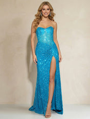 Dazzling Turquoise Strapless Sequin Corset Prom Dresses