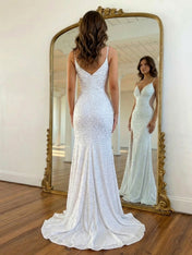 Dazzling Hot Pink Sequin V-Neck Cutout Prom Dresses with Slit