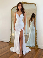 Dazzling Hot Pink Sequin V-Neck Cutout Prom Dresses with Slit