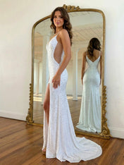 Dazzling Hot Pink Sequin V-Neck Cutout Prom Dresses with Slit