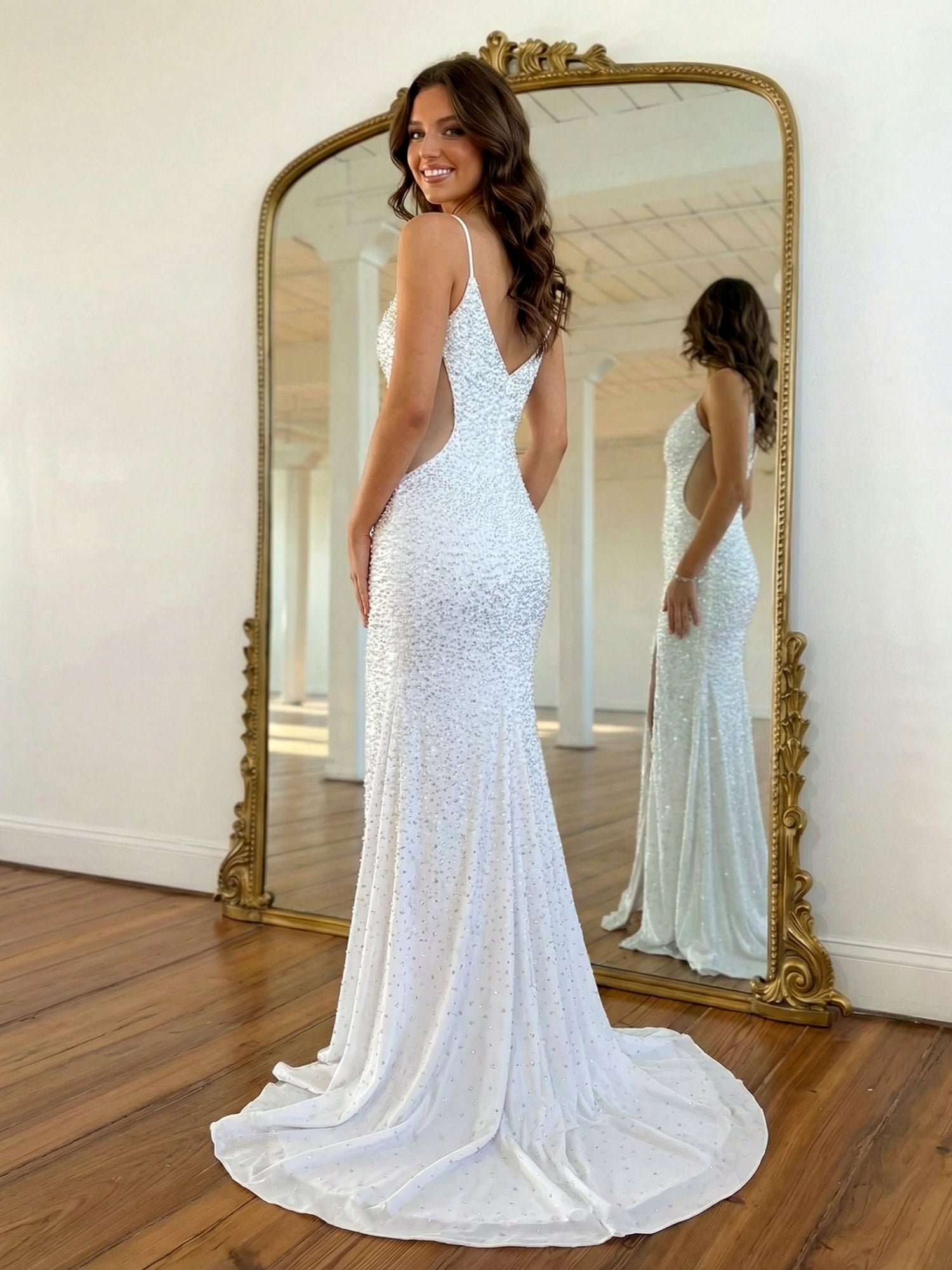 Dazzling Hot Pink Sequin V-Neck Cutout Prom Dresses with Slit