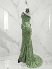 Dazzling Silver Sequin Strapless Prom Dress with Ruched Detail