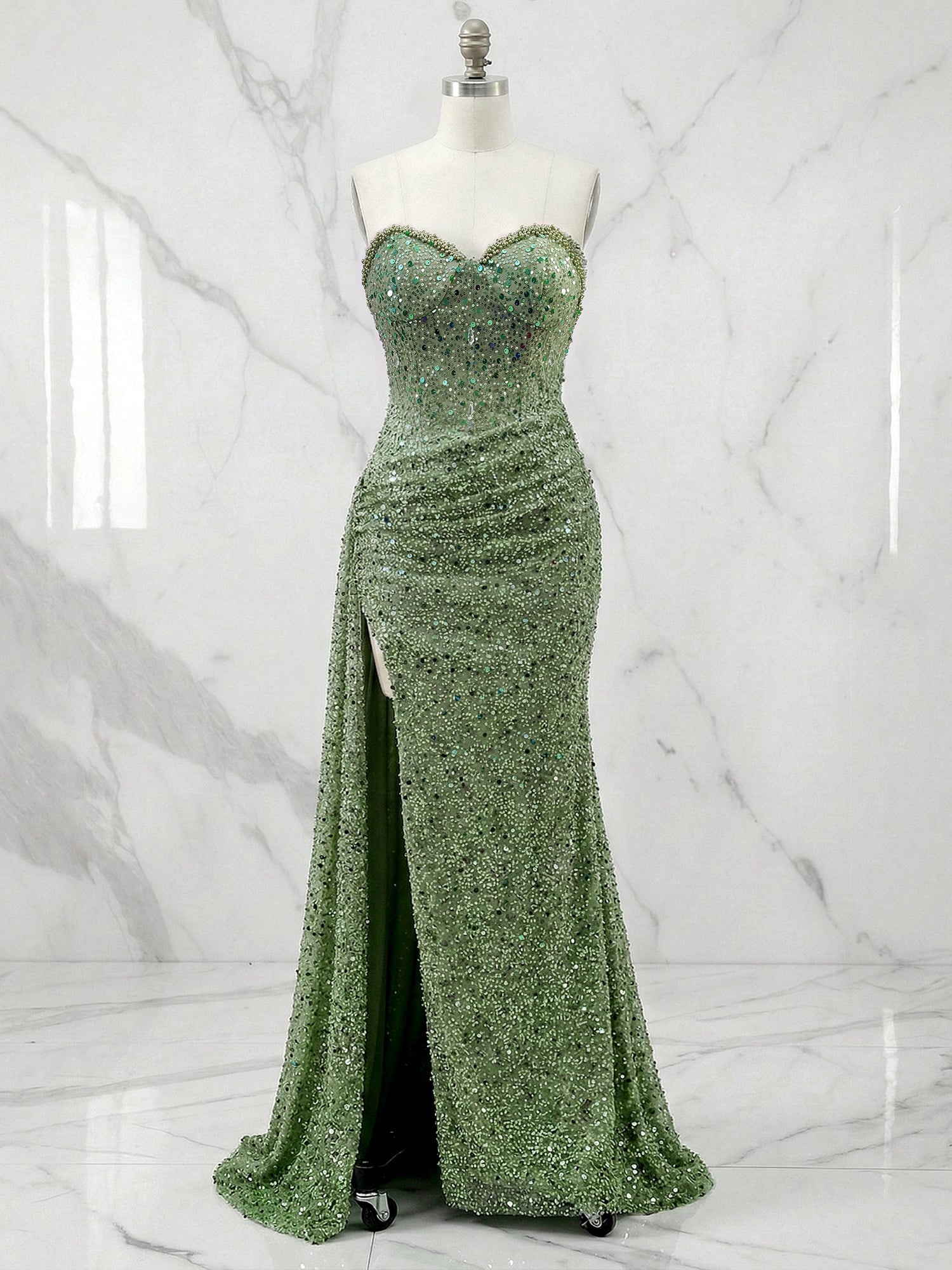 Dazzling Silver Sequin Strapless Prom Dress with Ruched Detail