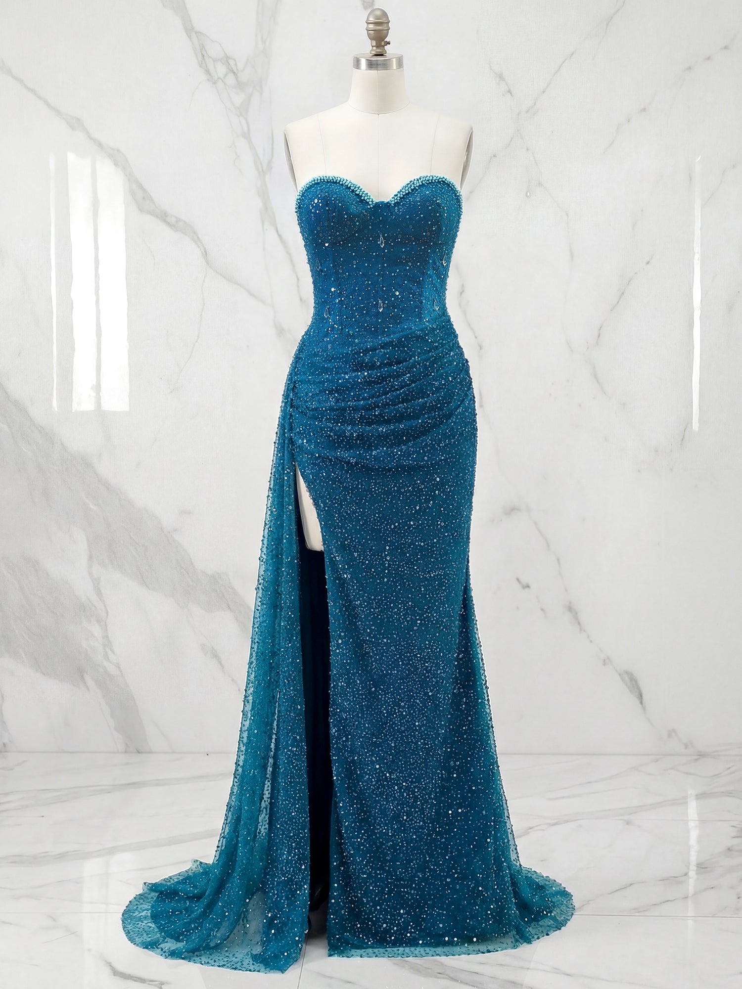 Dazzling Silver Sequin Strapless Prom Dress with Ruched Detail