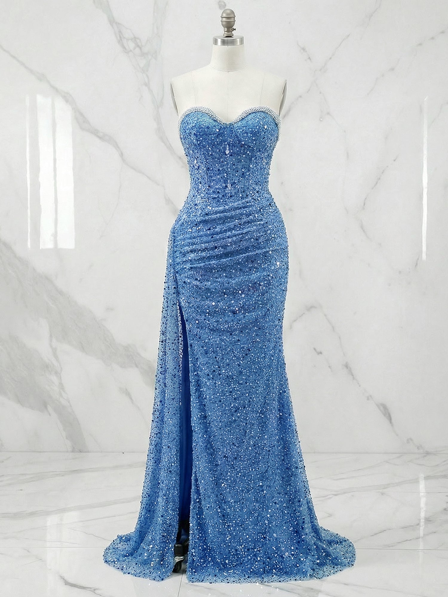 Dazzling Silver Sequin Strapless Prom Dress with Ruched Detail