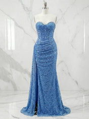 Dazzling Silver Sequin Strapless Prom Dress with Ruched Detail