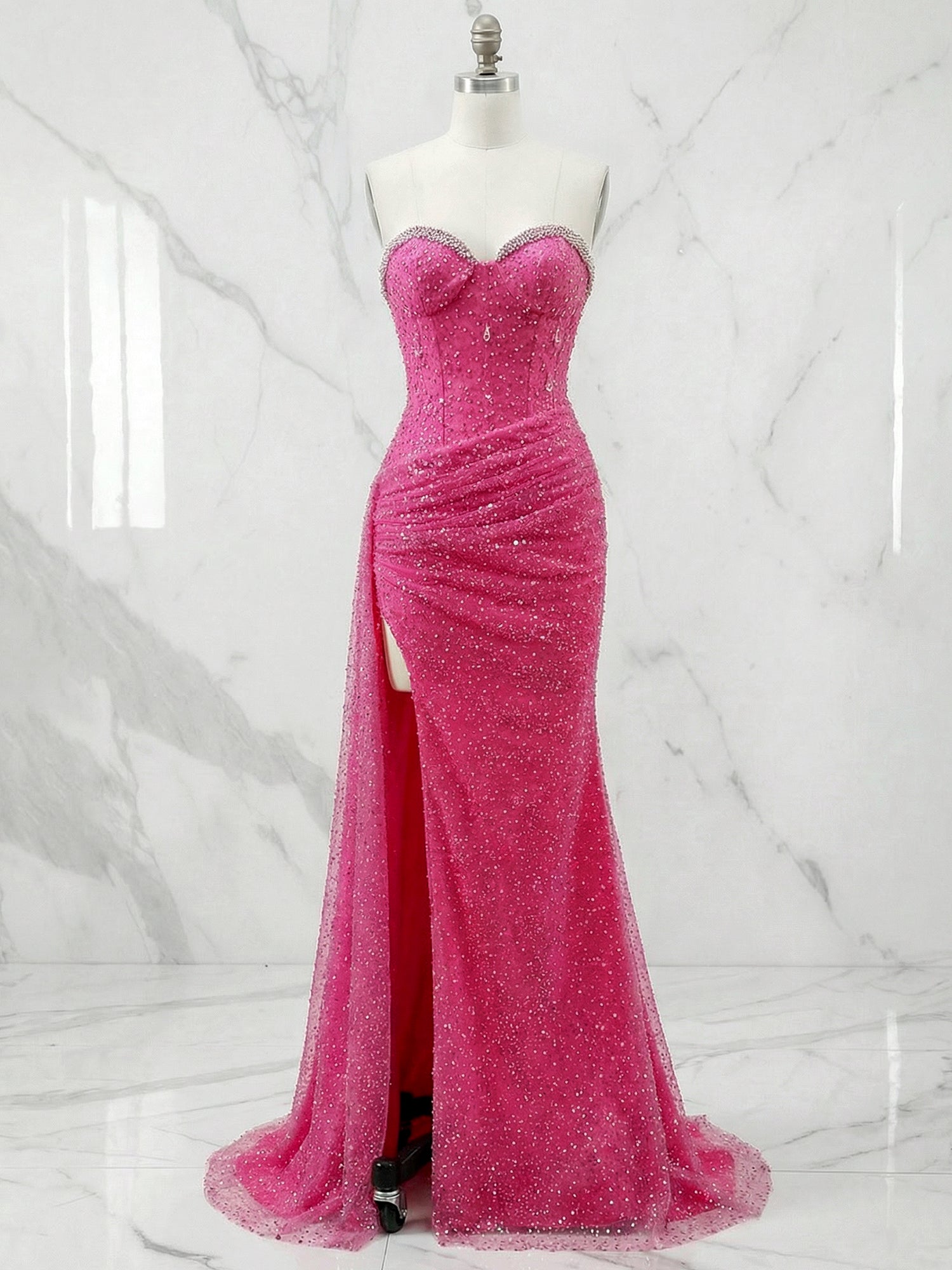 Dazzling Silver Sequin Strapless Prom Dress with Ruched Detail