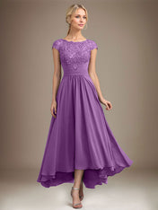 A-line Scoop Illusion Asymmetrical Lace Chiffon Mother of the Bride Dress With Pleated
