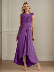 Champagne A-Line Scoop Lace Chiffon Dress