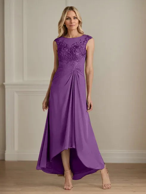 Champagne A-Line Scoop Lace Chiffon Dress