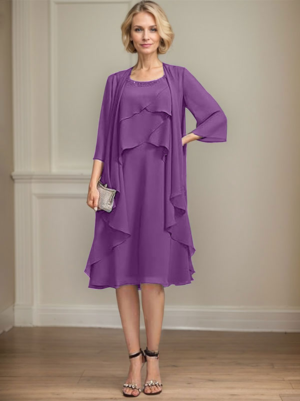 A-line Scoop Knee-Length Chiffon Mother of the Bride Dress With Beading