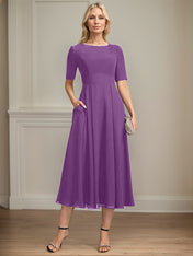 A-line Scoop Tea-Length Chiffon Mother of the Bride Dress With Appliques Lace Sequins