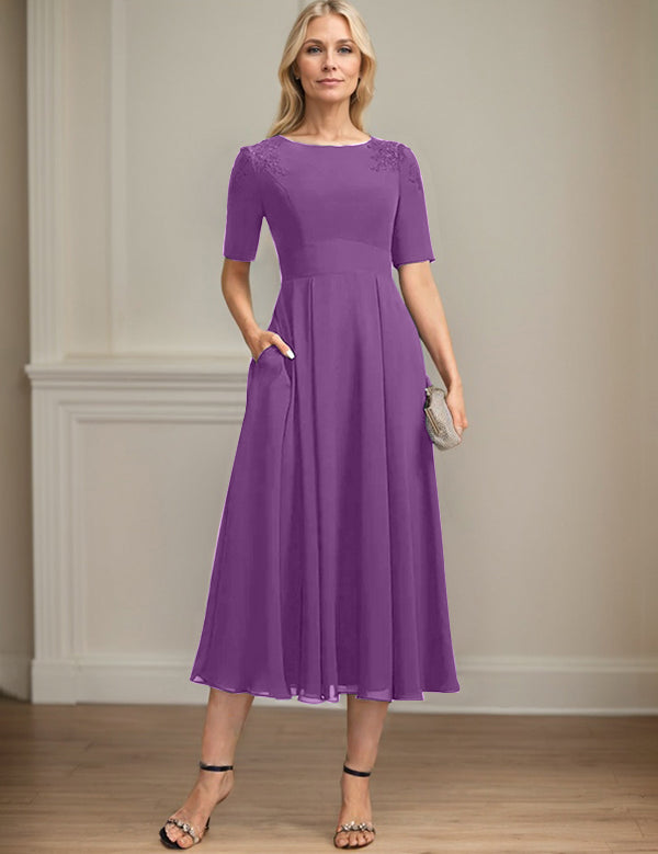 A-line Scoop Tea-Length Chiffon Mother of the Bride Dress With Appliques Lace Sequins