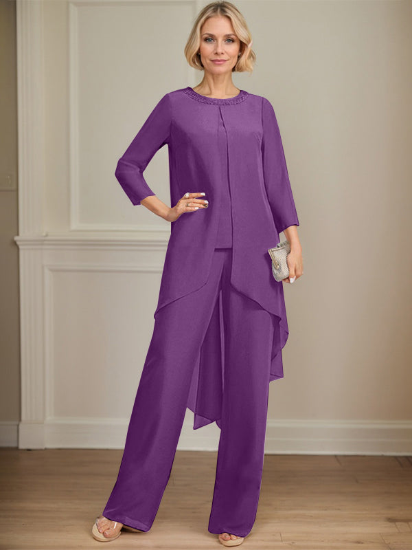 Separates Jumpsuit/Pantsuit Scoop Floor-Length Chiffon Mother of the Bride Dress With Sequins Beading