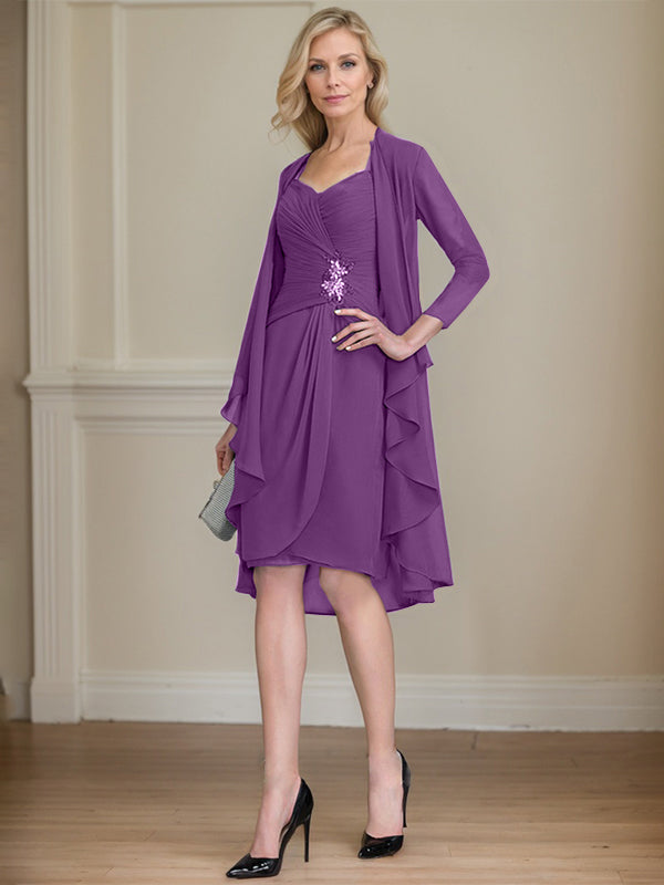 Column Sweetheart Knee-Length Chiffon Mother of the Bride Dress With Beading Appliques Lace Sequins Pleated