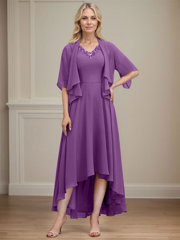 A-line V-Neck Asymmetrical Chiffon Mother of the Bride Dress With Beading Sequins