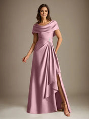 A-Line Scoop Floor-Length Stretch Satin Mother of the Bride Dress With Cascading Ruffles