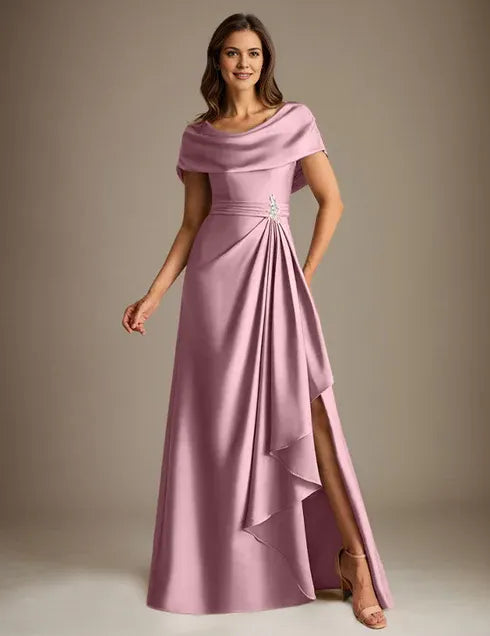 A-Line Scoop Floor-Length Stretch Satin Mother of the Bride Dress With Cascading Ruffles