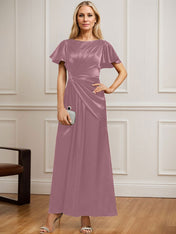 A-line Scoop Ankle-Length Stretch Satin Mother of the Bride Dress With Pleated Beading