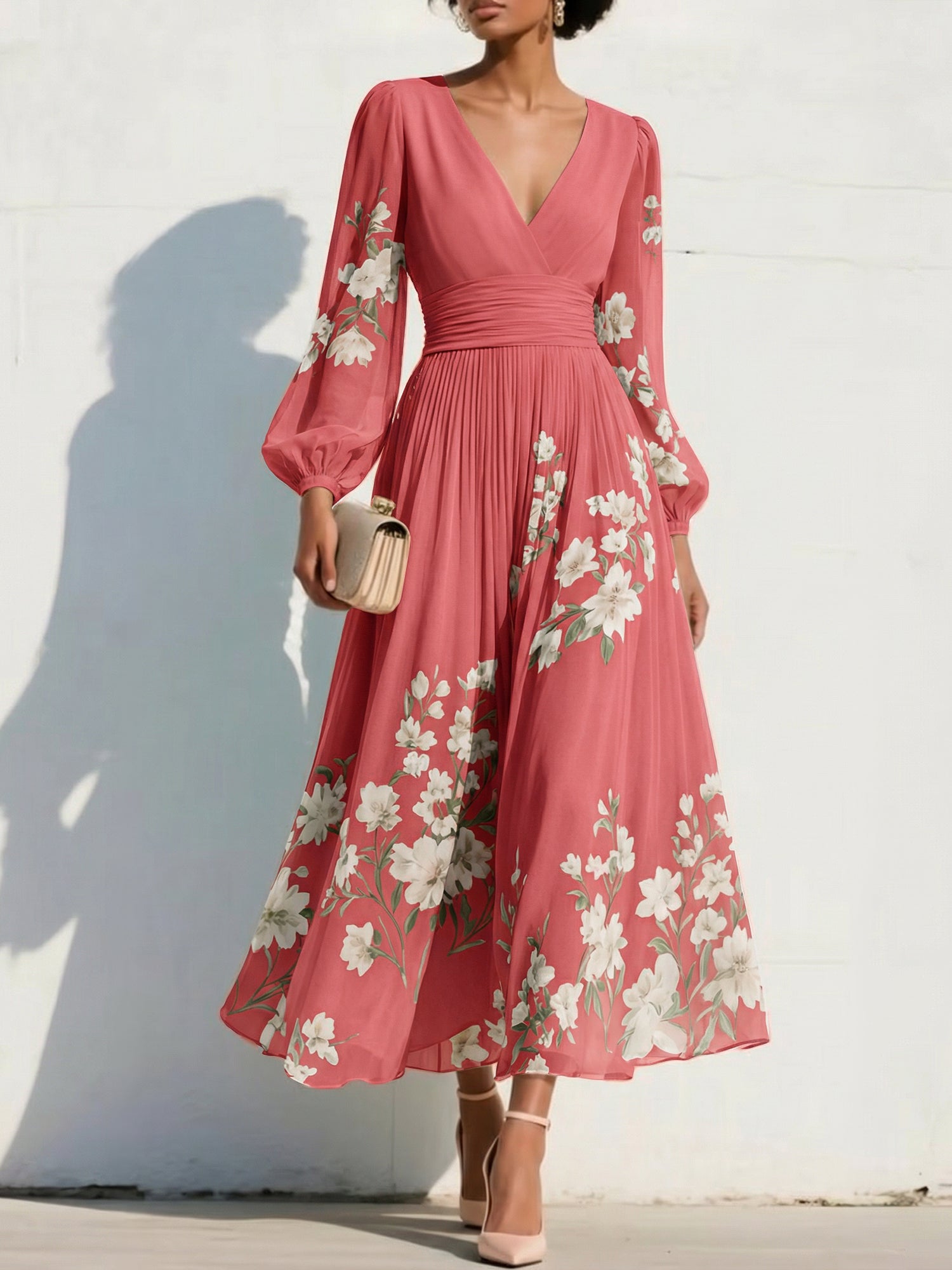 Elegant Floral V-Neck Pleated Midi Dress with Long Sleeves